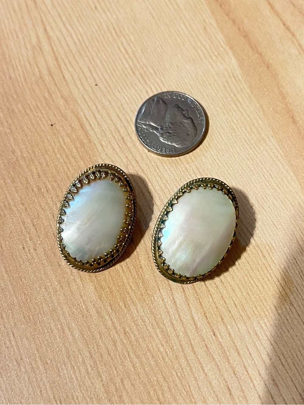 Whiting & Davis Gold and White Mother-of-Pearl Oval Clip Earrings